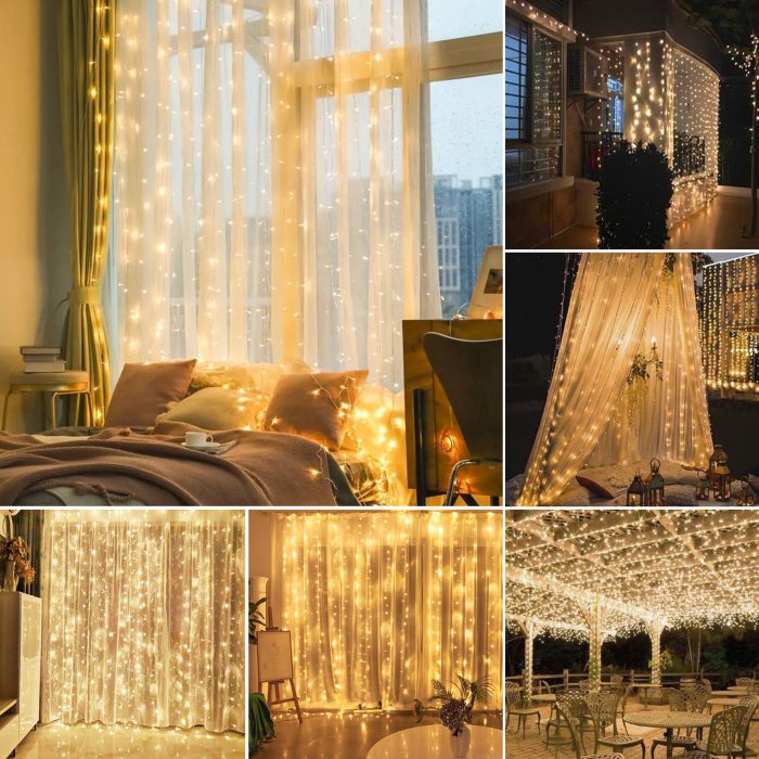 300 LEDs Window Curtain String Light, 8 Lighting Modes Fairy Twinkle String Lights Warm White