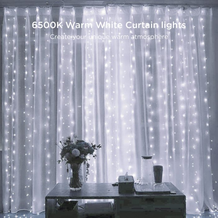 300 LEDs Window Curtain String Light, 8 Lighting Modes Fairy Twinkle String Lights Cool White